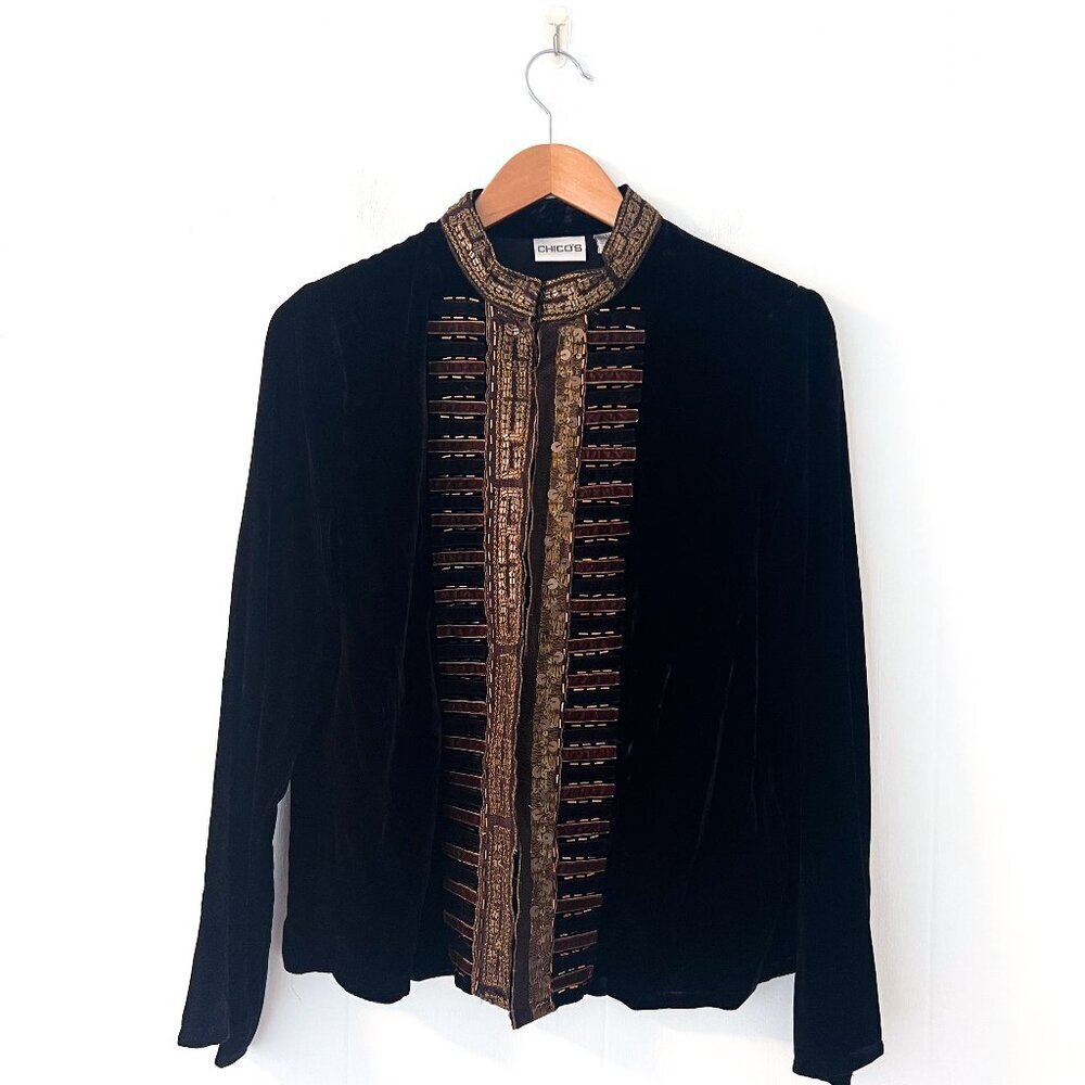 Chico's velvet beaded sequined embellished blazer jacket mandarin collar